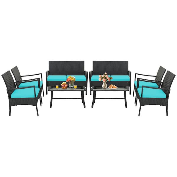 Gymax 8-Pices Wicker Patio Conversation Set Rattan PE Furniture with Turquoise CushionSofa Chair and Table