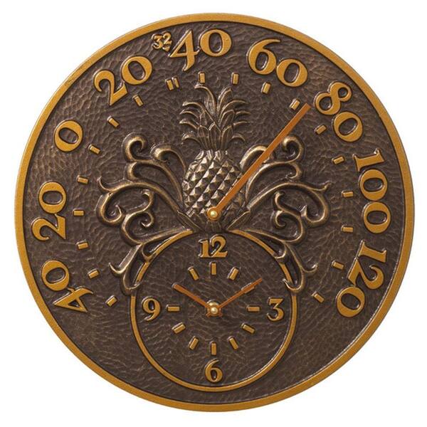 Whitehall Products Antique Copper Pineapple Clock/Thermometer
