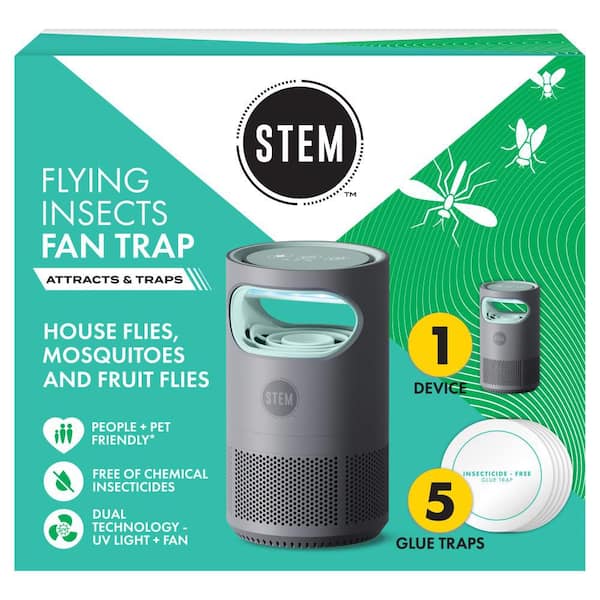 STEM Flying Insect Fan Trap for Indoor Bug Control, Plug-In Fan with UV Light, Starter Kit Includes 1-Device and 5-Glue Traps