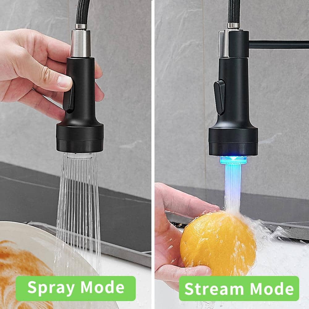 Matte Black and Rose Gold Pull Down Kitchen Faucet with LED Light
