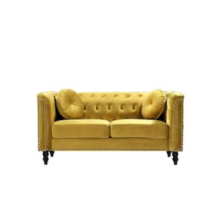 Vivian 64.2 in. Strong Yellow Velvet 2-Seater Chesterfield Loveseat with Nailheads