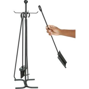 4-Piece Stand Alone Fire Place Set, Steel Construction, Includes Stand, Brush, Poker, Tongs, Shovel/Scooper, Black