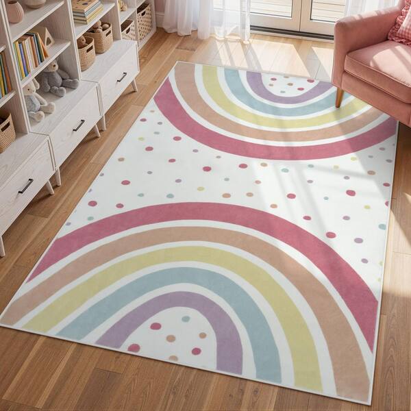Rainbow Polka Dot Washable Non-Slip Colorful Pink 4 ft. x 6 ft. Kid Area Rug