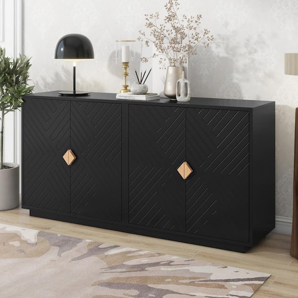 Harper & Bright Designs Light Luxury Black MDF 60 in. Sideboard with Adjustable Shelves, Gold Triangular Handles