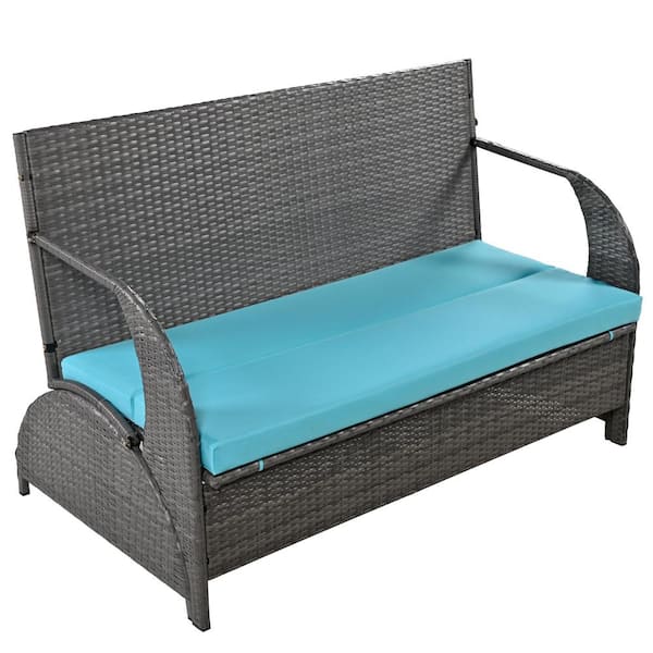 Unbranded 2-Person Wicker Outdoor Bench Loveseat and Convertible to 4-Seats with Blue Cushion And Picnic Table Folding Dining Set