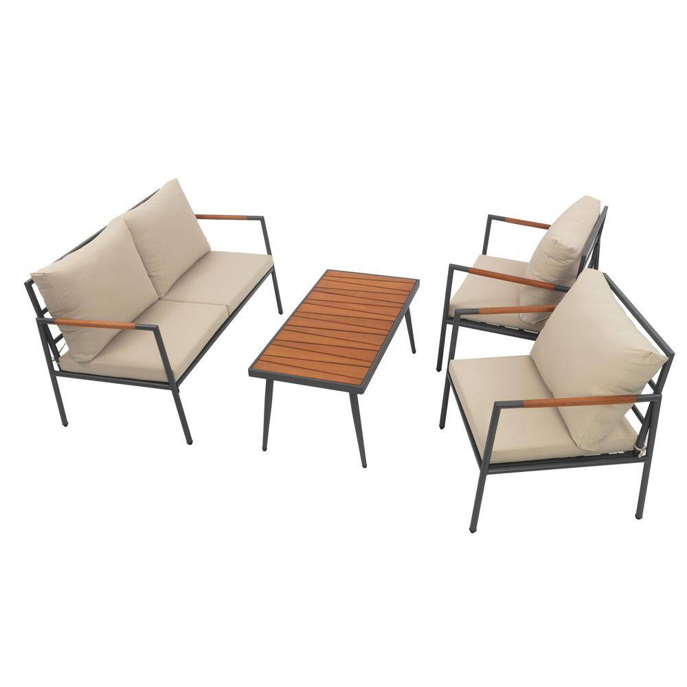 A four-piece outdoor conversation set with beige cushions and a slatted wood coffee table.