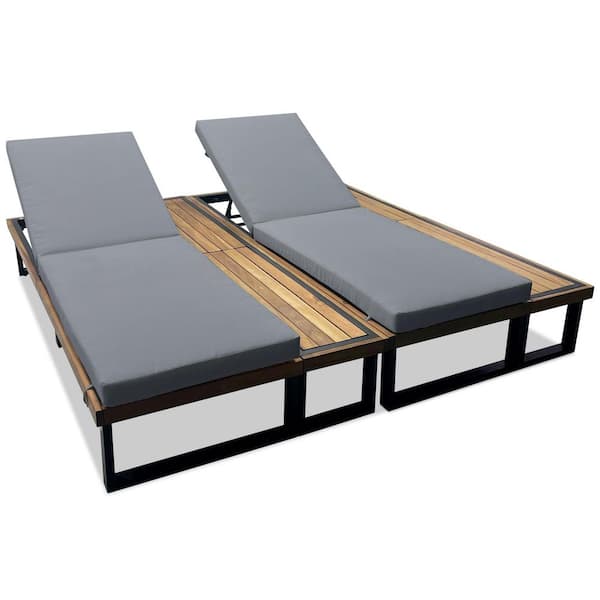 2-Piece Brown Acacia Wood Outdoor Chaise Lounge with Gray Cushions, 5-Position Adjustable Backrest, Wood Side Table