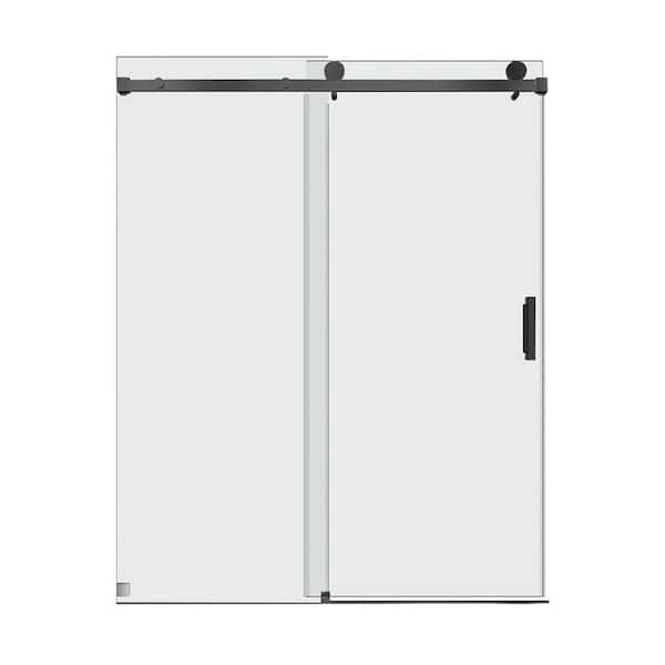 WELLFOR 60 in. W x 76 in. H Single Sliding Frameless Shower Door in Matte Black with 3/8 in. Clear Glass Shower Enclosure