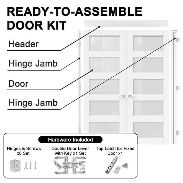 72 in. x 80 in. Universal 5-Lite Frosted Glass White Solid Core MDF Double French Door with Quick Assemble Jamb