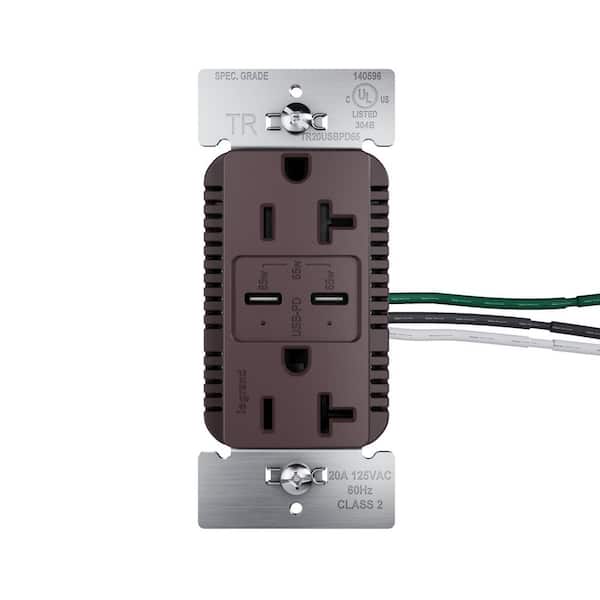 20A Tamper Resistant 65W Commercial Grade Power Delivery USB Type C Duplex Outlet Dark Bronze