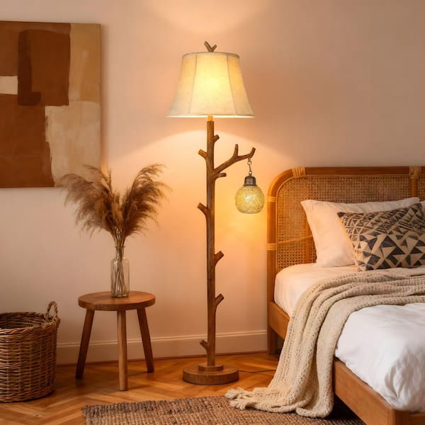 62 in. Rustic Tree Branch Floor Lamp, Brown Farmhouse Standing Light with Oatmeal Linen Shade,Woven Accent & Night Light