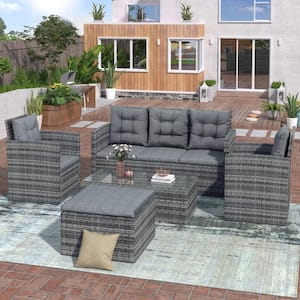 5-piece PE Wicker Outdoor Patio Sectional Set Sofa with Storage Bench, Glass Table, Gray Cushions