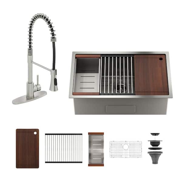 32 in. Drop in Single Bowl 18 Gauge Brushed Nickel Stainless Steel Kitchen Sink with Brushed Nickel Spring Neck Faucet