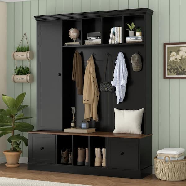Avyro Farmhouse Black Wood Hall Tree with Shoe Storage Bench, Adjustable Shelves, Cabinet, Coat Rack and Hooks