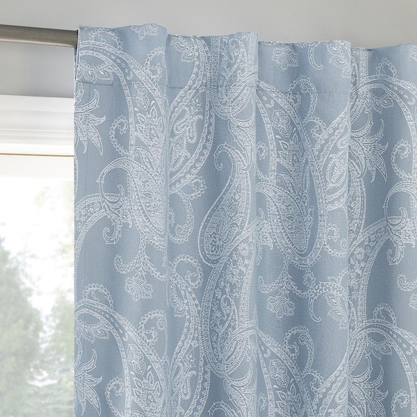 Sun Zero Pedra Paisley Embroidery Tranquil Blue Polyester 40 in. W x 96 in. L Back Tab 100% Blackout Curtain (Single Panel)