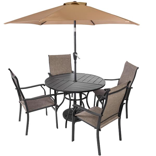 7 piece patio dining set with umbrella home depot Sour citrus 7-Piece Outdoor Dining Set: Round Patio Table With Umbrella  Hole, 4 Textilene Chairs, Umbrella and Base for Garden SDC1-T4U