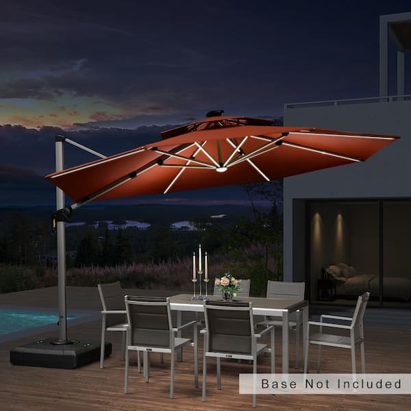 PURPLE LEAF 12 ft. Octagon Aluminum Solar powered LED Patio Outdoor Large Cantilever Umbrella Heavy Duty Sun Umbrella in Brick Red