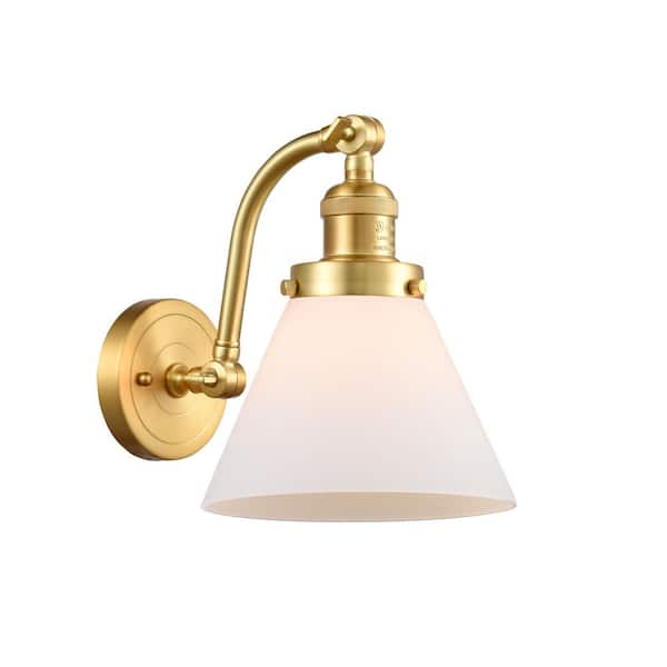 Cone 1-Light Matte White, Satin Gold Wall Sconce with White Glass Shade