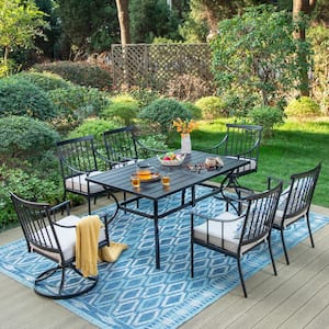 Black 7-Piece Metal Patio Outdoor Dining Set with Slat Table and Swivel Stylish Arm Chairs with Beige Cushion