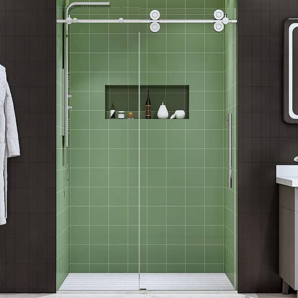 INSTER 48 in. W x 76 in. H Sliding Frameless Shower Door in Chrome Finish Hardware with Clear Glass and Buffer Strip