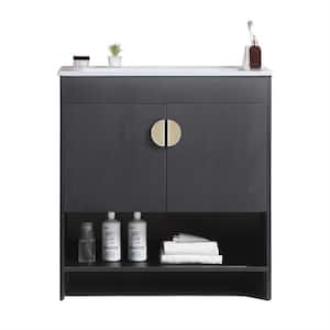 30 in. W Single Sinks Freestanding Bath Vanity in Black with White Ceramic Top