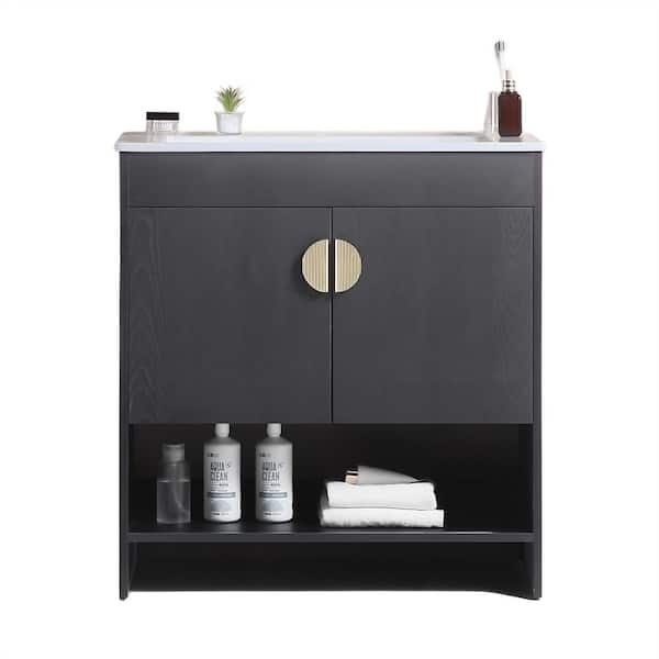 Dimakai 30 in. W Single Sinks Freestanding Bath Vanity in Black with White Ceramic Top