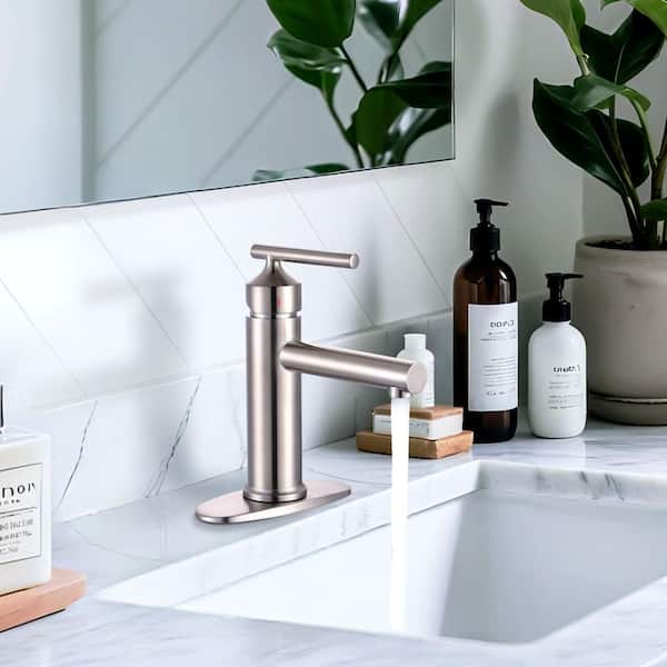 Single Handle Single Hole Stainless Steel Bathroom Faucet with Deckplate and Pop Up Drain in Brushed Nickel