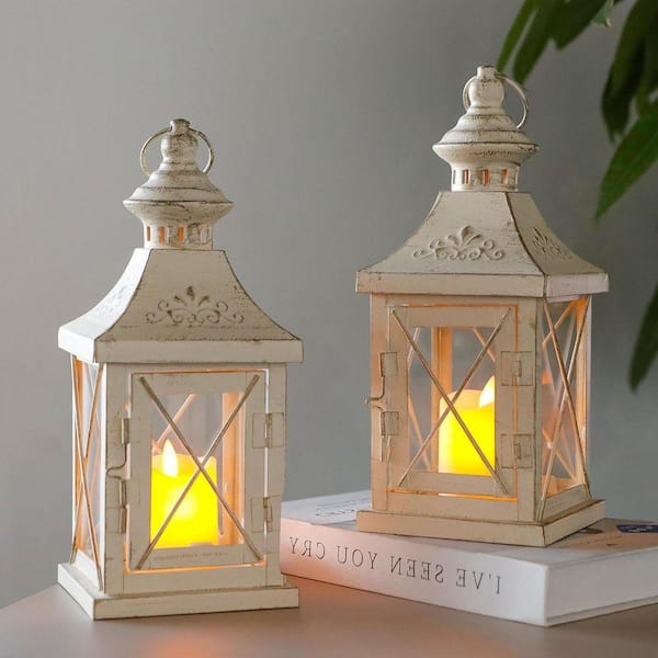 11 in. x 4 in. White with Gold Brush Metal Vintage Lantern without