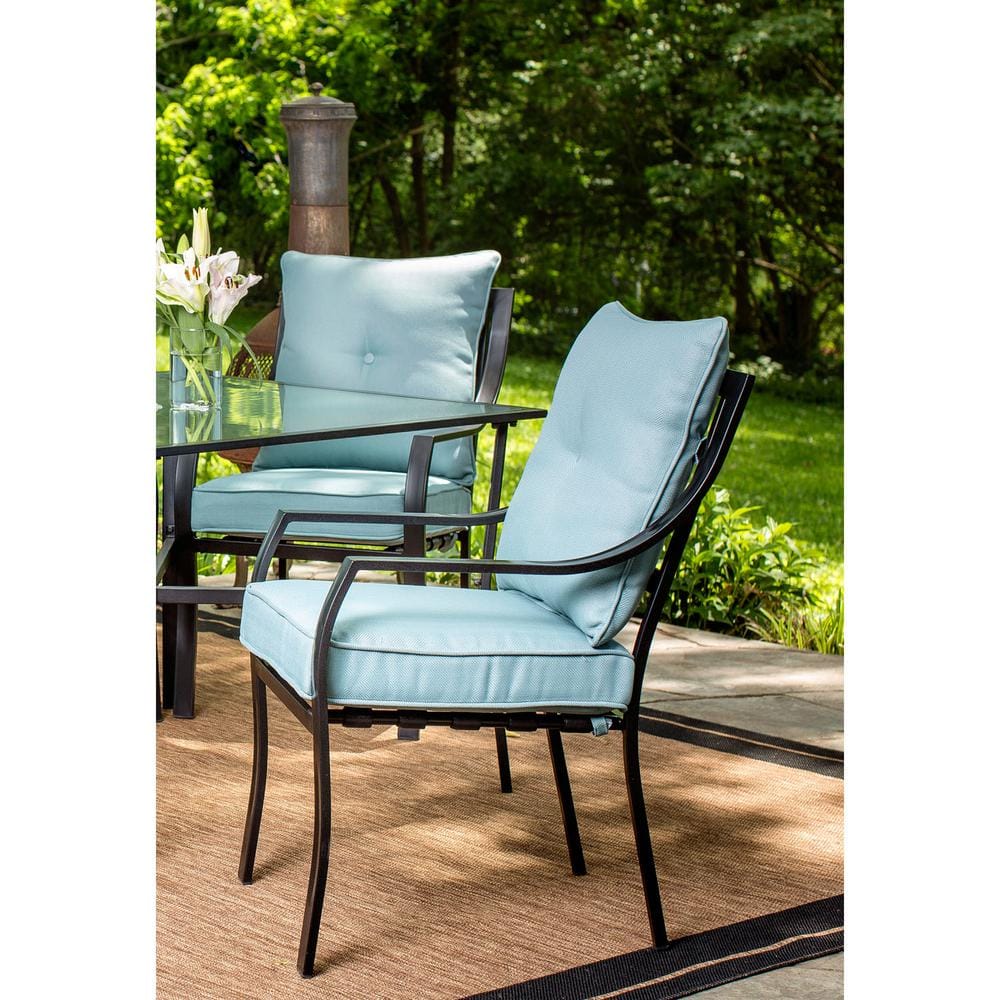 Lavallette 7-Piece Black Steel Outdoor Dining Set with Blue Cushions