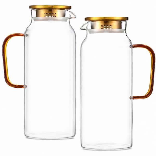 2-Pack 68 oz. Borosilicate Glass Beverage Serveware Pitcher with Dual-Opening Steel Lid 6.8 in. x 10