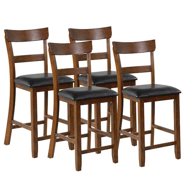 Gymax 42 in. Barstools Counter Height Chairs with Leather Seat and Rubber Wood Legs (Set of 4)