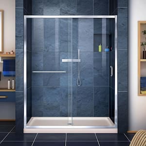 Infinity-Z 32 in. x 60 in. Semi-Frameless Sliding Shower Door in Chrome with Center Drain Shower Base in Biscuit