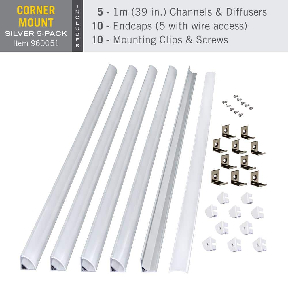 Silver Corner Mount LED Tape Light Channel with Diffuser, 5-Pack