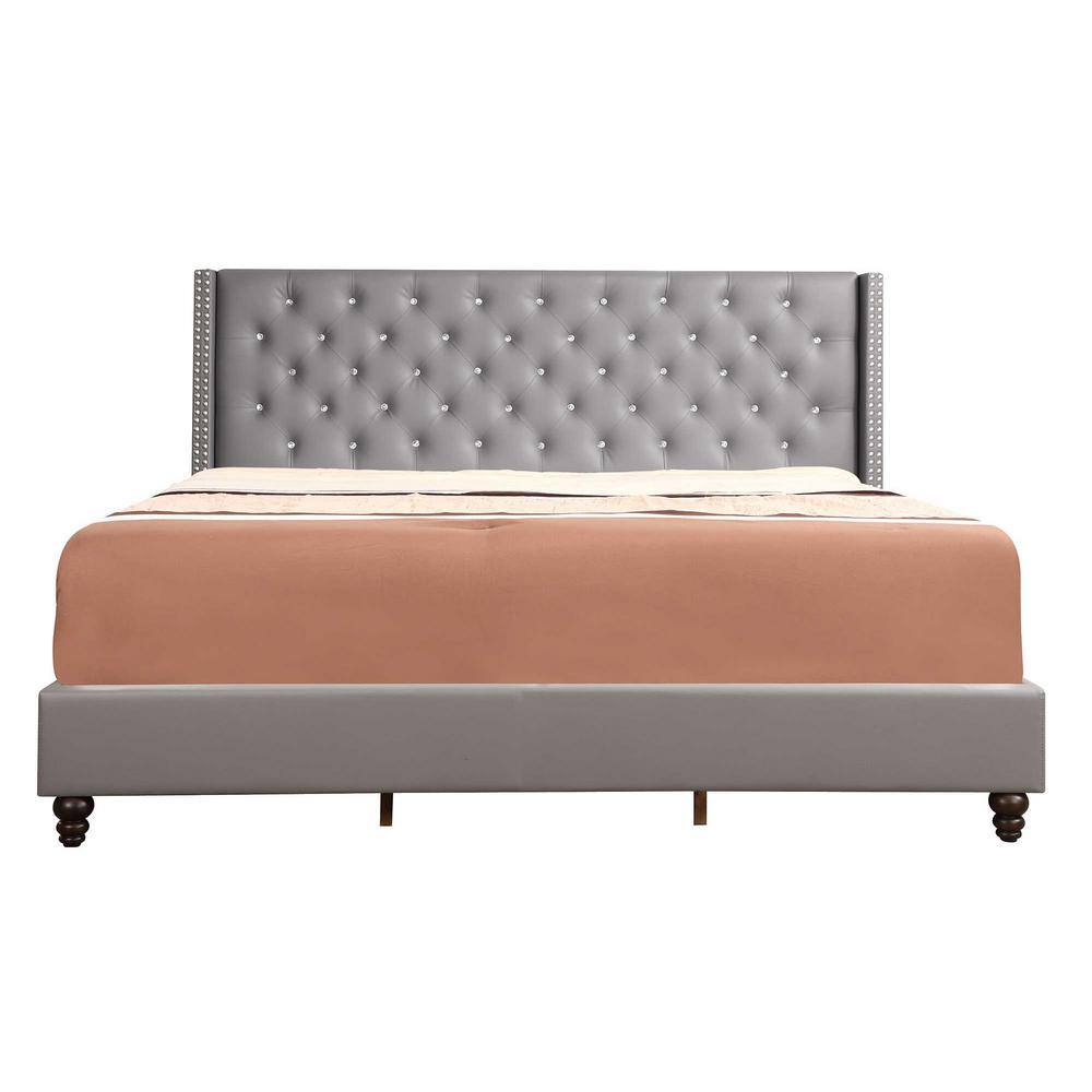 Julie Light Grey Velvet Tufted Upholstered King Bed with Nailhead Trim