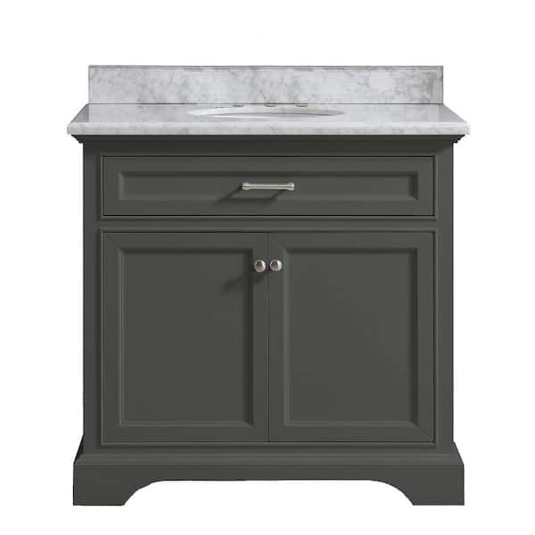 Windlowe 37 in. Single Sink Gray Bath Vanity with White Carrara Marble Top (Assembled)