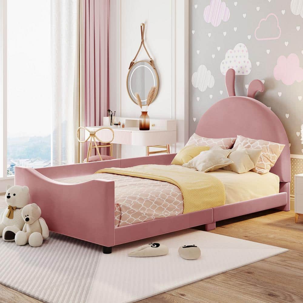 Harper & Bright Designs Pink Wood Frame Twin Size Velvet Upholstered ...