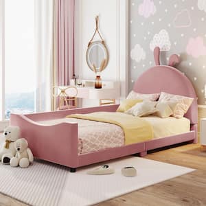 Pink Wood Frame Twin Size Velvet Upholstered Daybed with Rabbit Ears Shaped Headboard