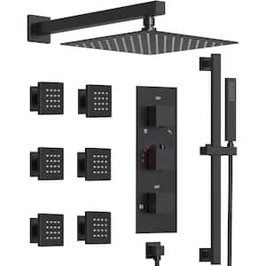 Thermostatic Valve 5-Spray Wall Mount 12 in. Fixed and Handheld Shower Head 2.5 GPM in Matte Black