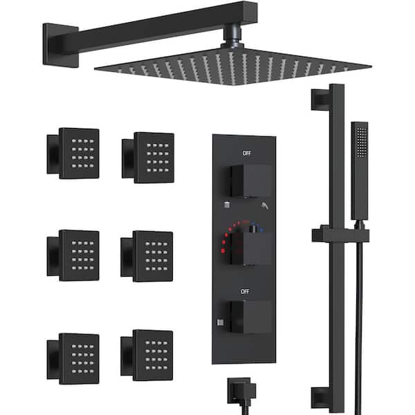 GRANDJOY ZenithRain 5-Spray Dual Wall Mount 12 in. Fixed and Handheld Shower Head 2.5 GPM in Matte Black Valve Included