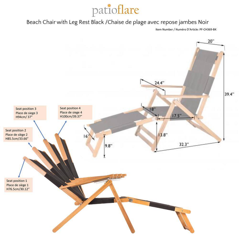 Acacia Wood and Steel Portable Lounge Chair with Detachable Footrest, Black