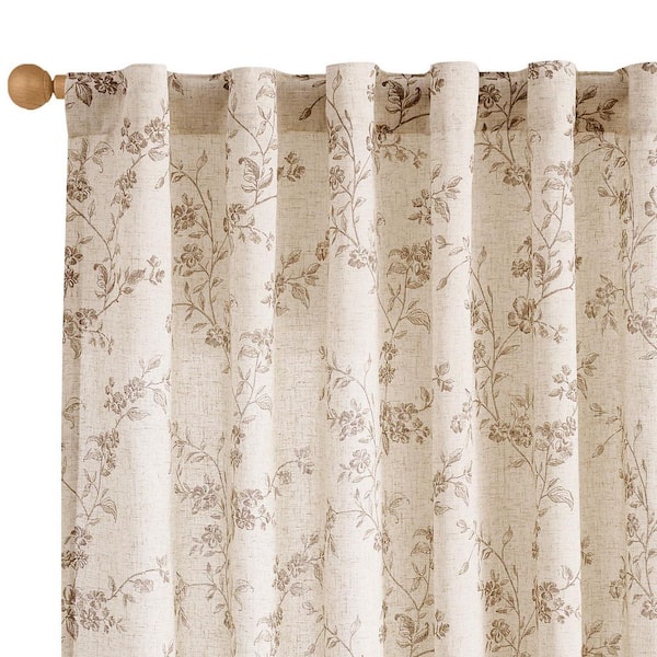 Taupe Polyester Floral Back Tab Room Darkening Curtain (Double