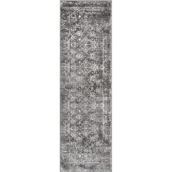 Zazzle Thiva Vintage Oriental Grey 2 ft. 3 in. x 7 ft. 3 in. Floral Pattern Runner Rug