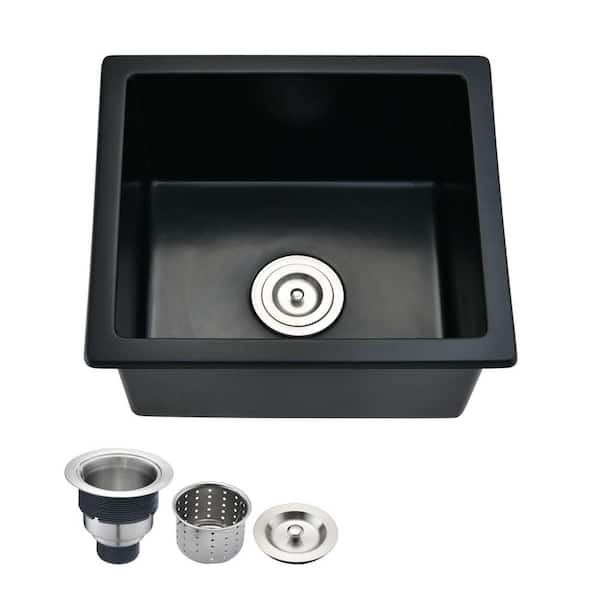 Unbranded 18 in. L x 16 in. W Undermount Single Bowl Black Quartz Kitchen Sink with Basket Strainer