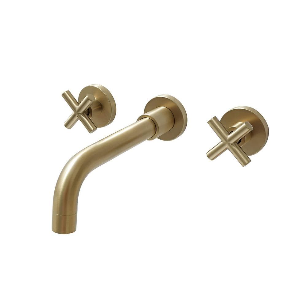 2-Handle Wall Mount Bathroom Faucet with Cross Handles in Brushed Gold