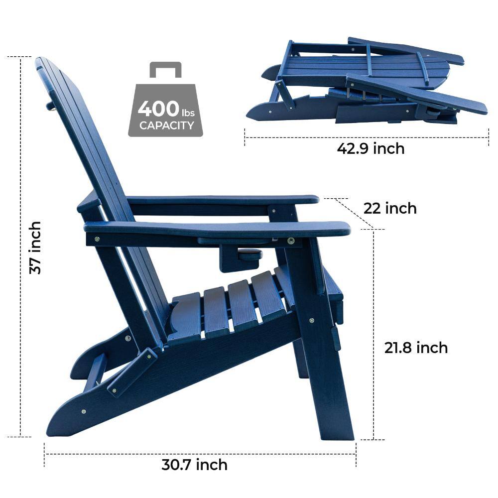 Blue Adirondack chair with dimensions and 400 lbs weight capacity indicated.