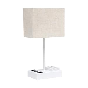 15.3 in. White with Beige Shade Multi-Use 1-Light Bedside Table Desk Lamp with 2 USB Ports and Charging Outlet