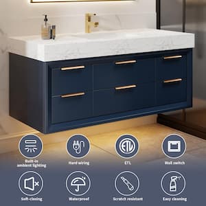 48 in. W X 21 in. D X 21.3 in.H Floating Bathroom Vanity in Blue Solid Oak/White Marble Countertop and Lights