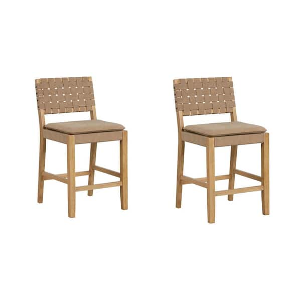 Cohen 24 in. Natural Brown Wood Mid-Century Faux Leather Counter Height Bar Stool, with Woven Back for Kitchen, Set of 2
