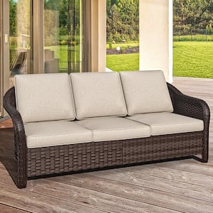 3-Seat Wicker Outdoor Couch Patio Sofa with Beige Cushion