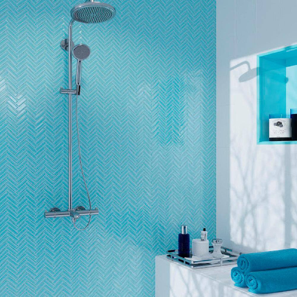 Sky Blue Herringbone Polished Glass Mosaic Tile